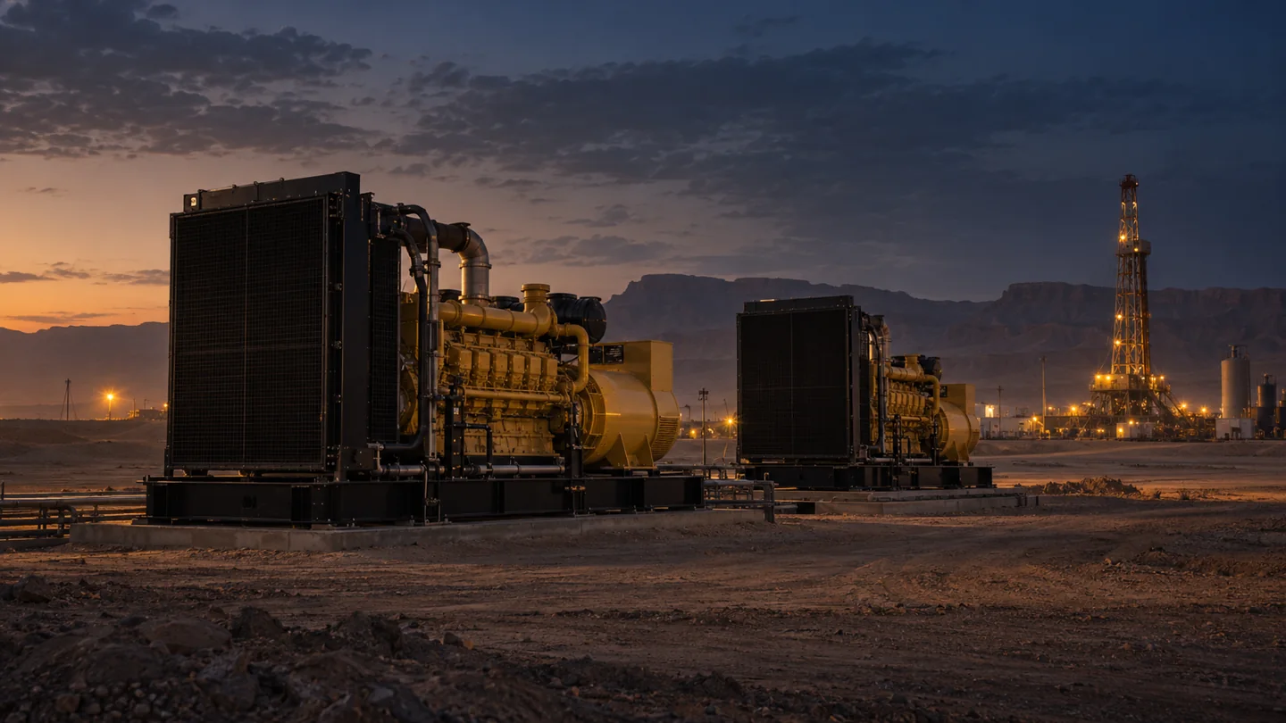 Cinematic illustration of large yellow generators at a desert industrial site